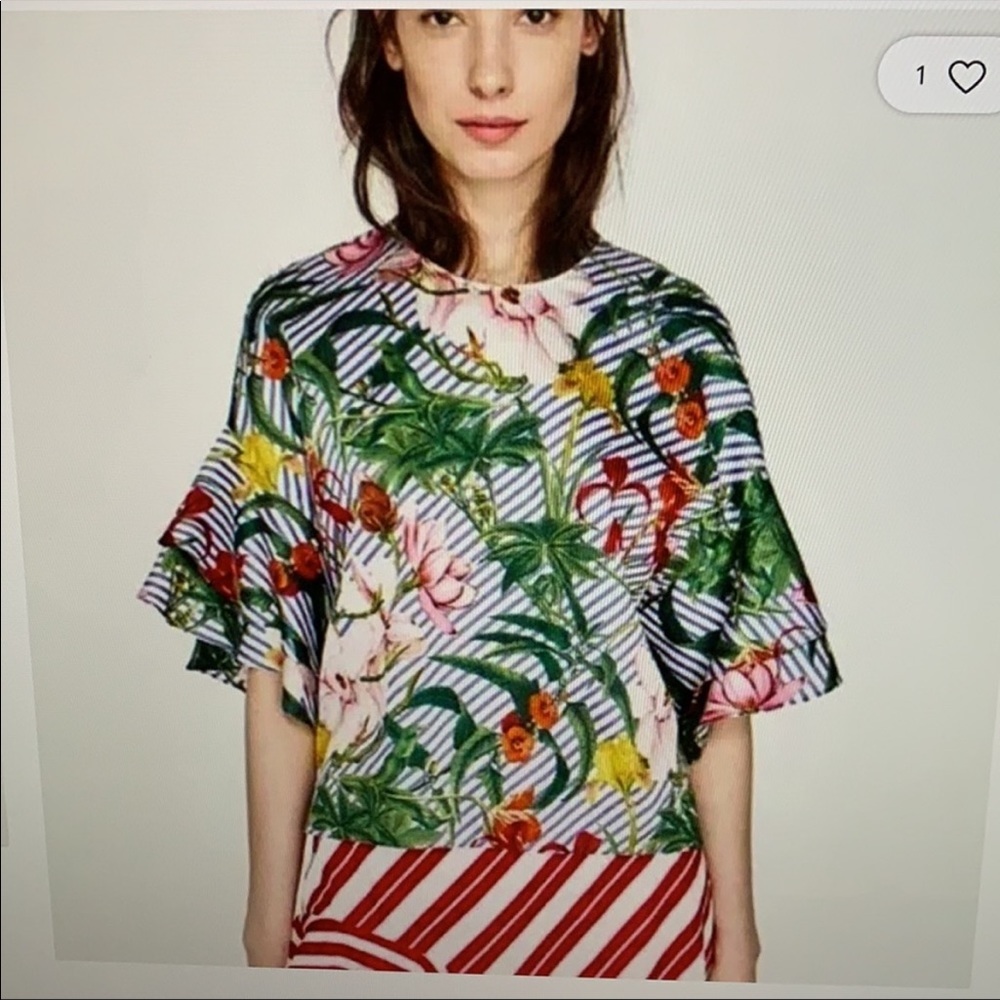 Zara Striped Tropical Floral Ruffle Sleeve Top